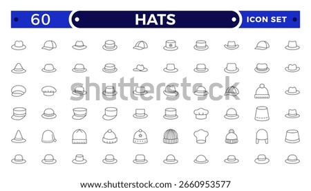 Stylish outline icon set featuring unique hats: beanies, fedoras, caps, sunhats, and more. Perfect for fashion apps, branding, print, and web. Clean, minimal, and fully scalable.