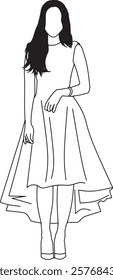 A stylish outline illustration of a woman in a high-low dress, emphasizing fashion and elegance, perfect for creative design, style concepts, or artistic projects,showcasing beauty and simplicity.