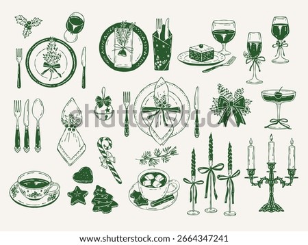 Stylish outline vector illustrations of holiday table settings, including plates, candles, glasses, napkins, greenery, and ornaments. Ideal for invitations, packaging, menus, and festive branding