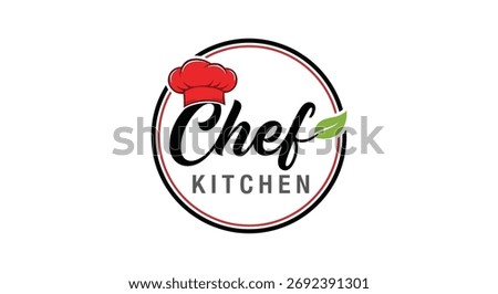A stylish oval logo with the words Chef Kitchen, adorned with a red chef hat and a fresh green leaf, perfect for culinary businesses.