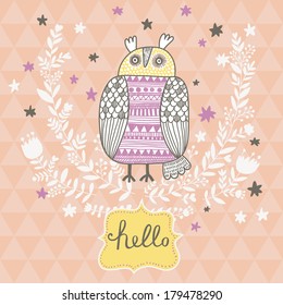 Stylish owl hipster concept background. Cute floral card in vector