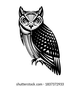 Stylish owl side view. Vector monochrome illustration. White background.