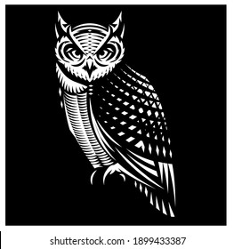 Stylish owl side view. Vector monochrome illustration. Black background.