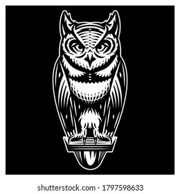 Stylish owl that sits. Vector monochrome illustration. Black background.