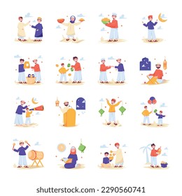 Ein stylisches Paket an Ramadan-Feierlichkeiten - Flache Illustrationen 

