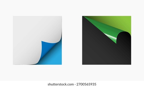 Stylish page curl effect with smooth shadows and gradient colors, showcasing white, blue, black and green backgrounds for design and presentation use