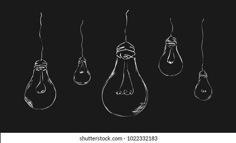 stylish, painted light bulbs on a dark background for interior, design, advertising, ideas, icons, web. vector sketch