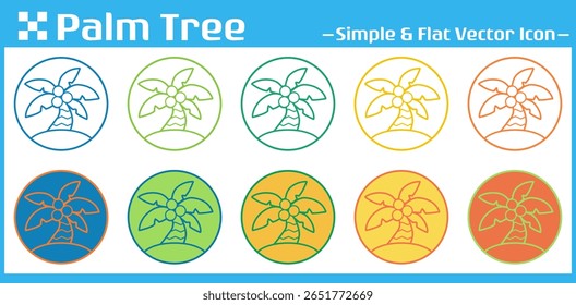A stylish palm tree icon illustration in tropical colors, inside a circle, perfect for summer, beach, and vacation designs. This simple minimalist vector suits exotic and resort-themed projects.