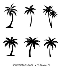Stilvolle Palmensilhouetten im reinen schwarzen Vektorstil, ideal für tropische Branding, Poster, Bekleidungsabdrücke, Strandhintergründe und moderne Grafikprojekte.
