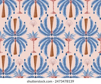 Stylish palm trees Dates palm tree  fountain decoration Botanical Seamless pattern Vector Illustration , Design for fashion , fabric, textile, wallpaper , wrapping and all print