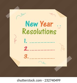 Stylish paper with blank list for Happy New Year resolutions on brown background.