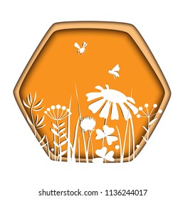 Stylish paper cut frame with bees and doodle flowers. Floral vector illustration. Meadow plants white silhouettes in honey comb