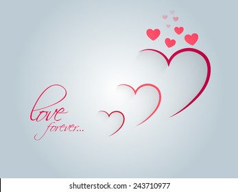 Stylish paper cutout hearts with text Love Forever on shiny sky blue background for Happy Valentine's Day celebration.