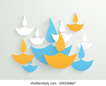 Stylish paper design of illuminated colorful oil lit lamps on grey background, can be use as flyer, banner or poster for Indian festival of lights, 