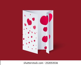 Stylish paper folded greeting card with pink flip hearts for Happy Valentines Day celebration on red background.