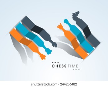 Stylish paper made chess figures in different color on sky blue background.