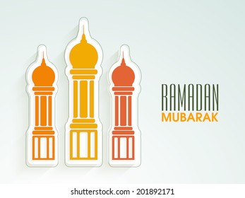 Stylish paper mosque design on shiny green background for holy month of muslim community Ramadan Mubarak celebrations. 