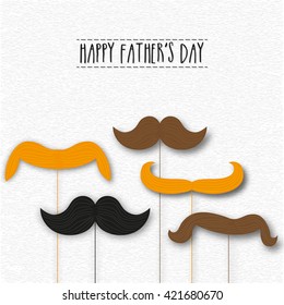 Stylish Paper Mustaches with Sticks on grungy background for Happy Father's Day celebration.