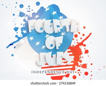 Stylish paper text 4th of July on abstract national flag color splash background American Independence Day celebration.