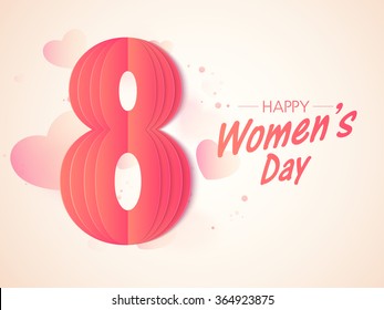 Stylish paper text 8 March on glossy hearts decorated background for Happy International Women's Day celebration.