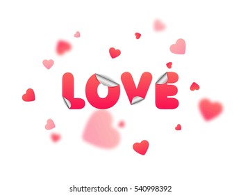 Stylish paper Text Love on Hearts decorated background for Happy Valentine's Day Celebration.