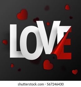 Stylish paper Text Love on red Hearts decorated background for Happy Valentine's Day celebration.