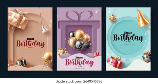 Stylish Papercut Birthday Greeting Cards with Gifts, Balloons and Party Hats in Beige, Purple, and Blue Background. Elegant Happy Birthday Clipart poster Card Designs with Birthday elements.