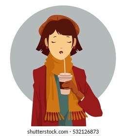 Stylish Parisian girl in a red coat, orange scarf and green sweater drinking coffee. Cold time. Hot drink. Vector cartoon illustration