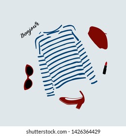 Stylish Parisian outfit illustration with blue striped t-shirt, shoes, sunglasses, dark red beret and red lipstick. Woman modern clothing flat set.