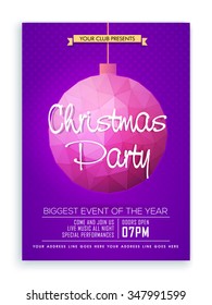 Stylish party Flyer, Banner or Pamphlet with creative Xmas Ball for Merry Christmas celebration.