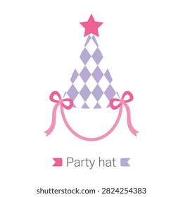 A stylish party hat featuring a purple diamond pattern, topped with a pink star and adorned with elegant side ribbons. Perfect for birthdays and celebrations.