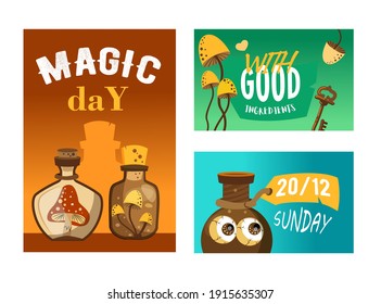 Stylish party invitation designs with magical ingredients. Creative colorful invitations with potion bottles. Witchcraft and celebration concept. Template for leaflet, banner or flyer
