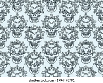 Stylish party pattern with hand drawn human skulls with different ornaments. Line drawn illustration