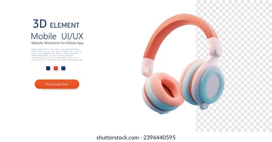 Stylish Pastel Colored Headphones with Soft Ear Cushions and Transparent Background. 3D Wireless headphones for listening to games and music. Vector illustration