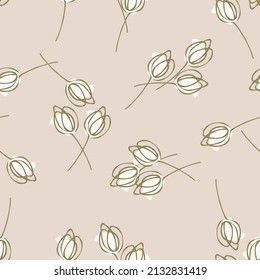 Stylish pastel floral pattern of tulips. Abstract vector seamless background with scattered olive and beige flowers on a pink background. Elegant design for decor, tile, postcard, cover, banner, texti