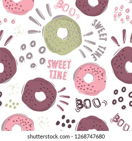 The stylish pattern of the donut. Cool background for printing on fabric, paper, Wallpaper for decorating walls in cafe and pastry shop. Vector cliparts sweet pastries