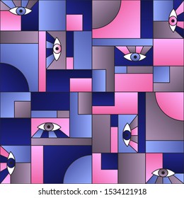 Stylish pattern with eyes in geometric shapes grid 80s and 90s vintage fashion fabric print. Modern background design. Open eyes bauhaus geometric seamless pattern. Interior vector design.