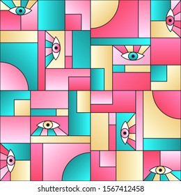 Stylish pattern with eyes in geometric shapes grid mondrian avant garde fashion textile print. Modern background design. Open eyes bauhaus geometric seamless pattern. Interior vector design.