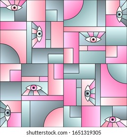 Stylish pattern with eyes in geometric shapes grid scandinavian fashion retro textile print. Modern background design. Open eyes bauhaus geometric seamless pattern. Gradient vector design.