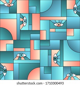 Stylish pattern with eyes in geometric shapes grid scandinavian fashion retro textile print. Decorative modules illustration. Open eyes bauhaus geometric seamless pattern. Gradient vector design.
