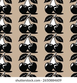 Um padrão elegante com cerejas pretas arrojadas com folhas, colocado sobre um fundo bege macio. Este design atraente captura a essência da frescura e frutuosidade, tornando-o ideal