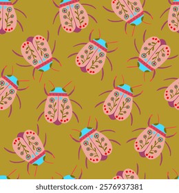 Stylish pattern featuring bugs with floral elements on a golden, yellow-green background. A complex and elegant design with folk art vibes, perfect for textiles, wallpapers, and creative projects