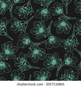 A stylish pattern of green flowers on a black background. For wedding invitations, postcards, posters, labels of cosmetics and perfumes, packaging paper. Vector illustration