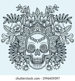 Stylish  pattern with hand drawn human skulls with different decorations and herbs and flowers around the head. Line drawn illustration for the holiday "death day" and "halloween". Sketch for tatoo