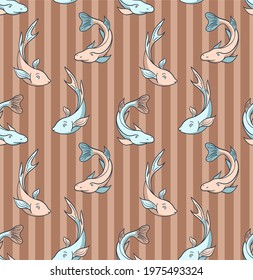 Stylish pattern with hand drawn vector fish. Large sea animals on a seamless background. Print for fabrics and paper.