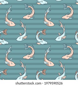 Stylish pattern with hand drawn vector fish. Large sea animals on a seamless background. Print for fabrics and paper.