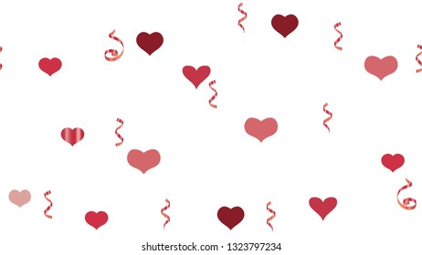 Stylish Pattern of Hearts and Serpentine. Vector Seamless Pattern on a White Background. Element of packaging, textiles, wallpaper, banner, printing. Falling Red confetti.