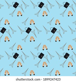 stylish pattern made in the atmosphere of paris. Croissants, baguette, bag and eiffel tower
