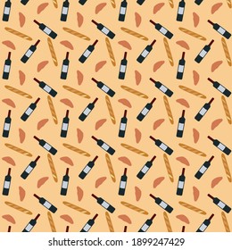 stylish pattern made in the atmosphere of paris. Croissants, baguette, bag and eiffel tower