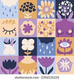 A stylish pattern on the theme of female beauty, unity with nature, with plant elements and symbols of flowers, love, tears, beauty in a modern style.A pattern of squares in a beautiful color scheme.